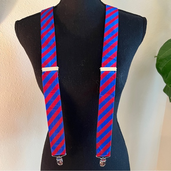 The Tie Bar Other - The Tie Bar Unisex Blue Red Striped Silk Blend Leather Adjustable Suspenders